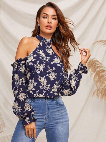 Open Shoulder Frill Trim Floral Top - takostyle