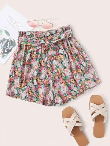 Allover Floral Print Belted Paperbag Shorts - takostyle