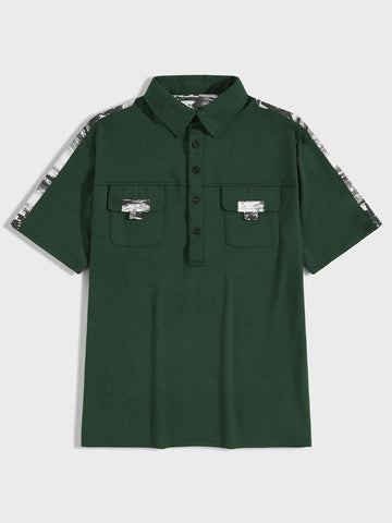 Men Contrast Sideseam Flap Pockets Polo Shirt