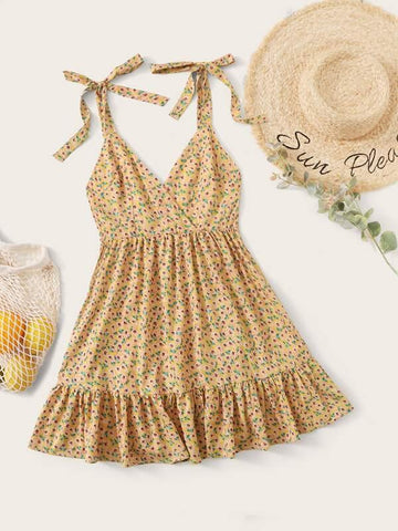 Ditsy Floral Tie Shoulder Ruffle Hem Cami Dress - takostyle