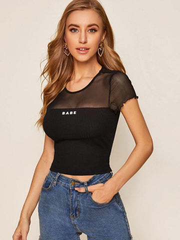 Sheer Mesh Yoke Rib-knit Letter Graphic Top - takostyle
