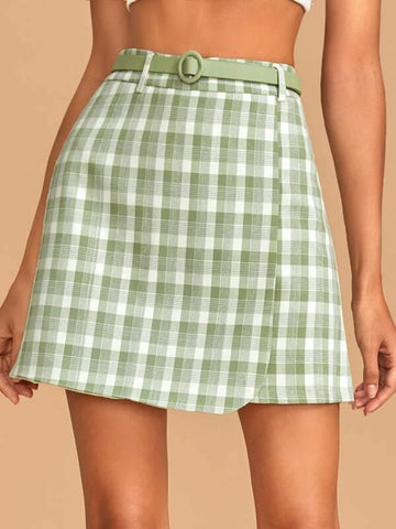 Plaid Belted Wrap Hem Mini Skirt - takostyle