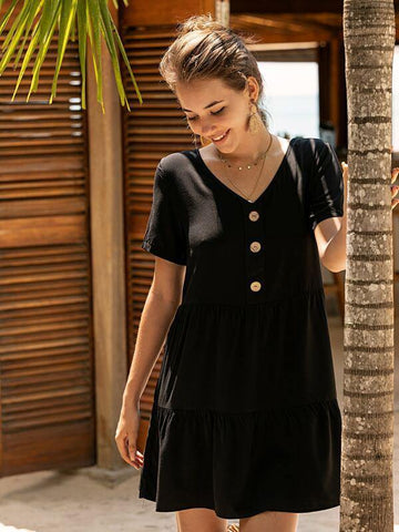 V-neck Button Front Smock Dress - takostyle