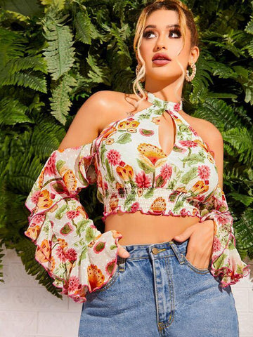 Cold Shoulder Ruffle Trim Shirred Floral Halter Top - takostyle