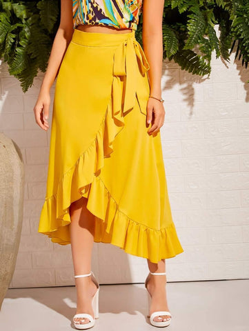 Tie Waist Ruffle Trim Wrap Skirt - takostyle