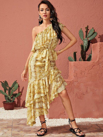 One Shoulder Ruffle Trim Belted Snakeskin Peplum Top - takostyle