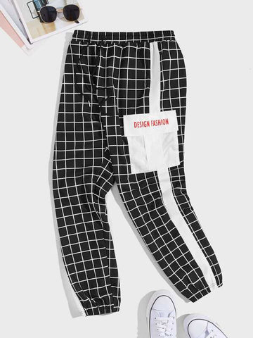 Men Pocket Patched Contrast Sideseam Slogan Graphic Grid Pants