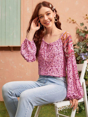 Floral Print Tie Neck Blouse - takostyle