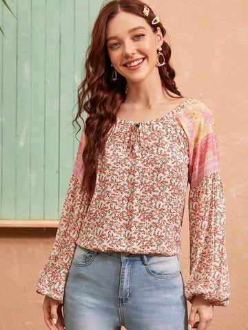 Floral Print Tie Neck Blouse - takostyle