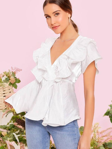 Metallic Sheen Ruffle Detail Wrap Blouse - takostyle