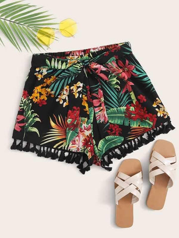 Tassel Hem Belted Tropical Shorts - takostyle