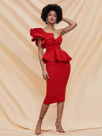 Missord Twist Front Exaggerated Ruffle Peplum Bodycon Dress - takostyle