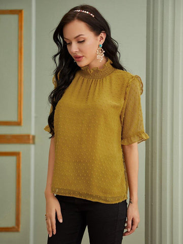 Swiss Dot Frilled Trim Shirred Detail Blouse - takostyle