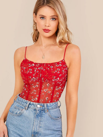 Seam Front Ditsy Floral Mesh Cami Top - takostyle