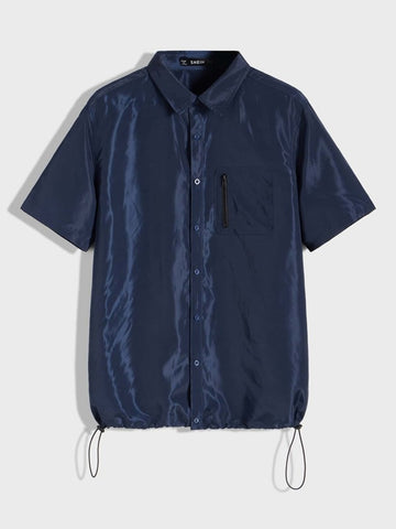 Men Zipper Patch Pocket Drawstring Hem Windbreaker Shirt