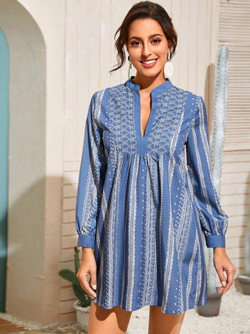 Notched Tribal Print Smock Dress - takostyle