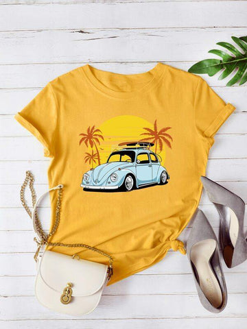 Car & Tropical Print Tee - takostyle