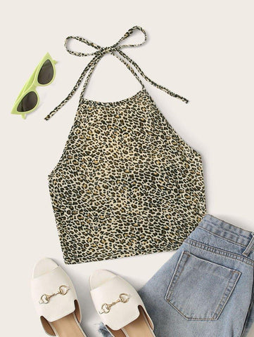 Leopard Print Tie Back Crop Halter Top - takostyle