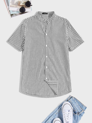 Men Stand Collar Striped Shirt