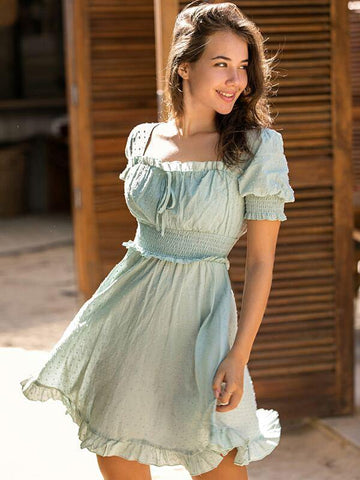 Simplee Frill Trim Shirred Detail Knotted Swiss Dot Dress - takostyle