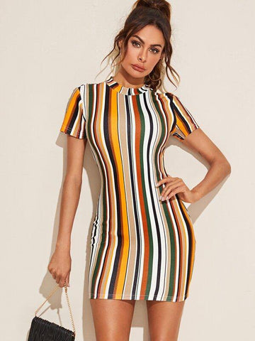 Mock-Neck Keyhole Back Striped Dress - takostyle