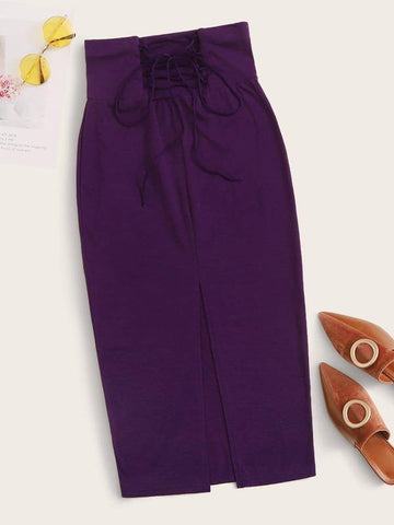 Lace Up Waist Split Front Skirt - takostyle