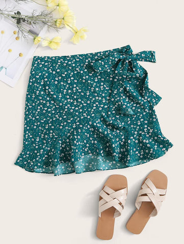 Knot Side Ruffle Hem Ditsy Floral Wrap Skirt - takostyle