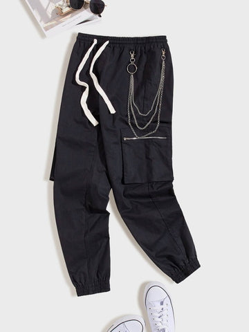 Men Drawstring Waist Pocket Patched Pants With Chain