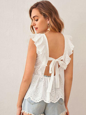 Tie Back Ruffle Trim Schiffy Peplum Top - takostyle