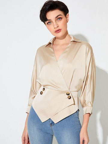 Collared Buttoned Front Asymmetrical Hem Satin Blouse - takostyle
