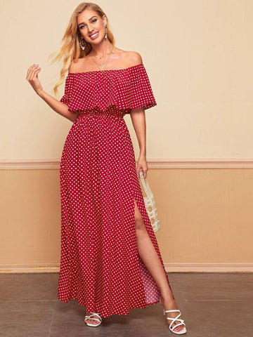 Off Shoulder Polka Dot Ruffle Trim Split Hem Dress - takostyle