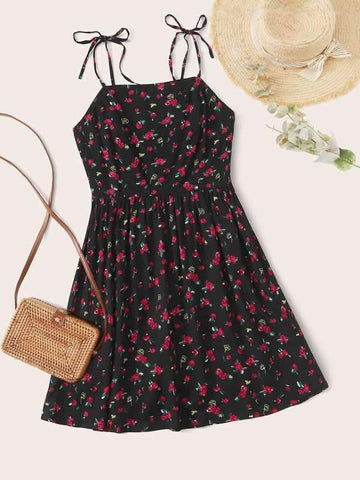 Floral Print Knotted Shoulder Cami Dress - takostyle