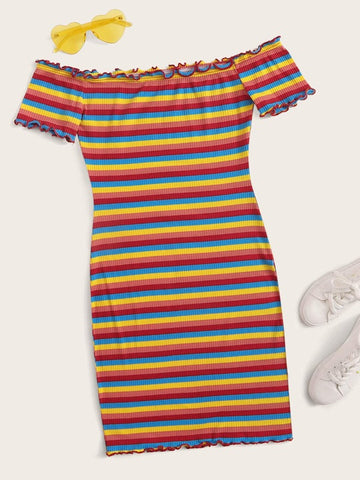 Off Shoulder Lettuce Trim Rib-knit Rainbow Striped Dress