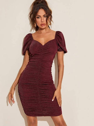 Puff Sleeve Ruched Glitter Dress - takostyle