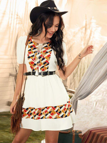 Tassel Tie Geo Print Dress Without Belted - takostyle