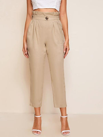 Paperbag Waist Buttoned Detail Tapered Pants - takostyle