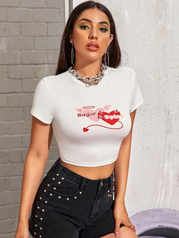 Heart & Slogan Graphic Slim Crop Tee - takostyle
