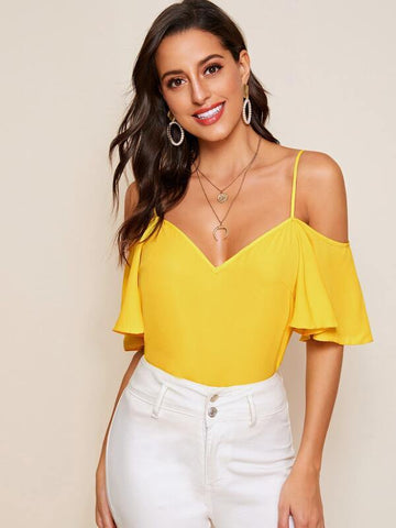 Cold Shoulder Flutter Sleeve Top - takostyle