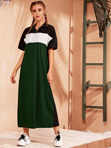 Drop Shoulder O-ring Zipper Front Colorblock Dress - takostyle