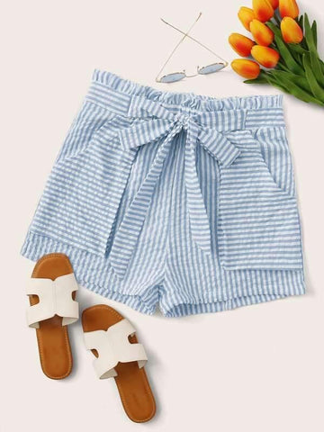 Paperbag Waist Belted Striped Shorts - takostyle