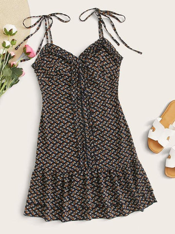 Layered Ruffle Hem Ditsy Floral Cami Dress - takostyle