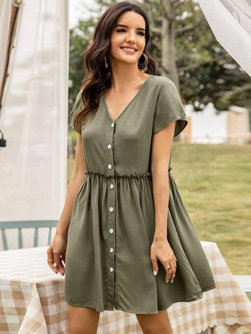 Button Front Frill Trim Babydoll Dress - takostyle