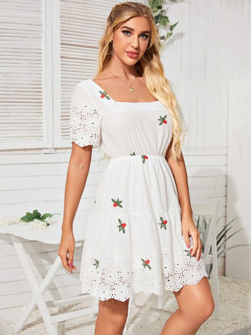 Square Neck Floral Embroidery Dress