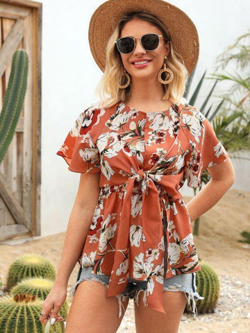 Floral Tie Front Peplum Blouse - takostyle