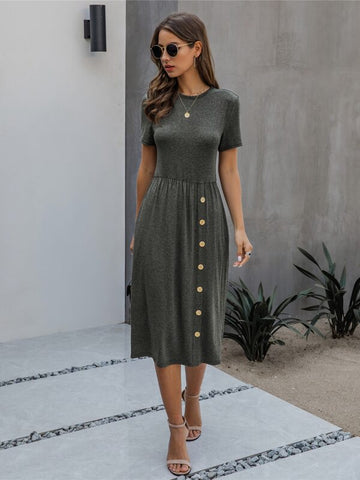 Solid Button Front A-line Dress