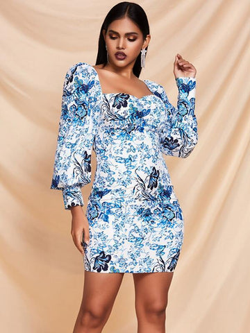 Missord Bishop Sleeve Sweetheart Neck Floral Print Dress - takostyle