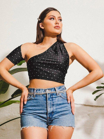 Asymmetrical Neck Glitter Grid Top - takostyle