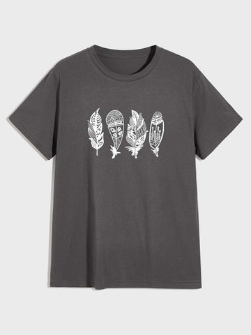 Men Feather Print Round Neck Tee