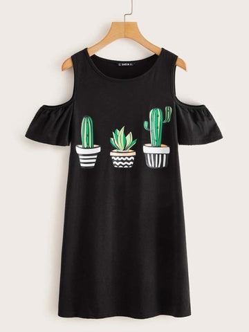 Cold Shoulder Cactus Print Tee Dress - takostyle