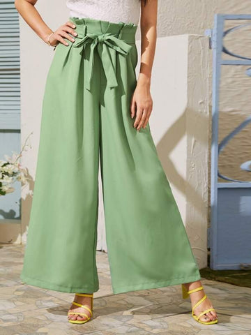 Paper Bag Waist Belted Wide Leg Pants - takostyle